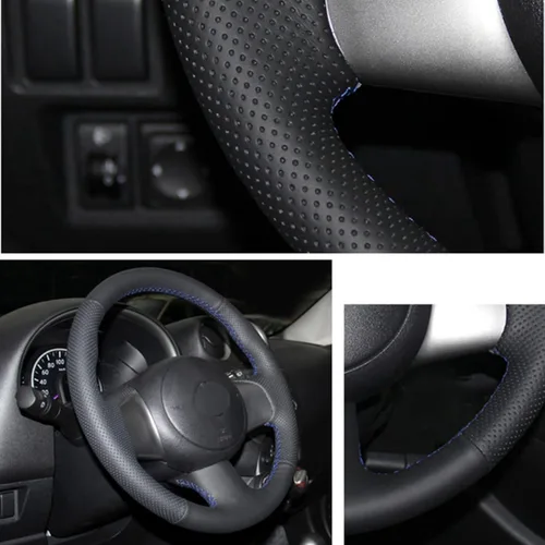 Vista 3 de Funda de cuero negro cosida a mano para volante de automóvil, para Nissan March 2010-2015 / Sunny 2011-2013 / Versa 2012-2014