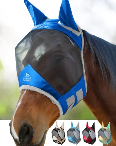 Vista 19 de Harrison Howard Máscara luminosa profesional para mosca de caballo, gran espacio para los ojos, media cara con orejas, protección UV, para caballo