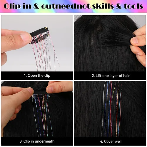 Vista 4 de 12 extensiones de cabello de oropel con clip, kit de oropel de 23.6 pulgadas, kit de oropel de cabello con clip, extensiones de cabello de hada