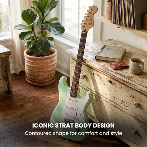 Vista 4 de Fender Squier Sonic Stratocaster - Paquete Surf Green con amplificador Frontman 10g, bolsa de concierto, cable, correa, afinador, púas y DVD
