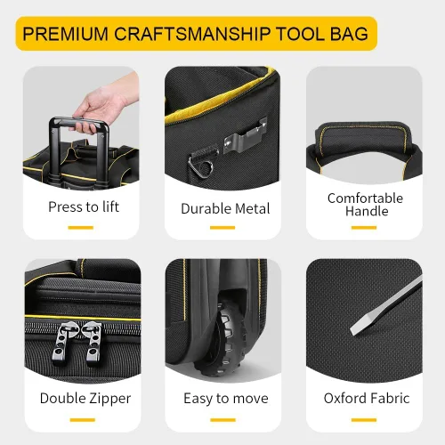 Vista 6 de WINHUNT Bolsa de herramientas con ruedas de boca ancha de 18 pulgadas, 32 bolsillos con mango telescópico y 2 ruedas, color negro