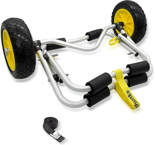 Vista 6 de Carrito de kayak Dolly Ruedas plegables para kayak con neumáticos sin aire de 10 pulgadas para transporte de canoa SUP Paddleboard