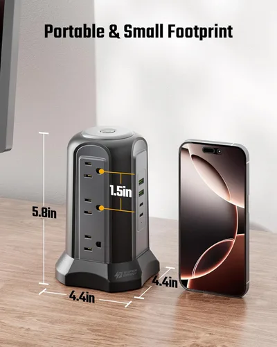 Vista 7 de Tira de alimentación con protector de subida de tensión en torre, estación de carga de escritorio SUPERDANNY, cable de extensión de enchufe plano