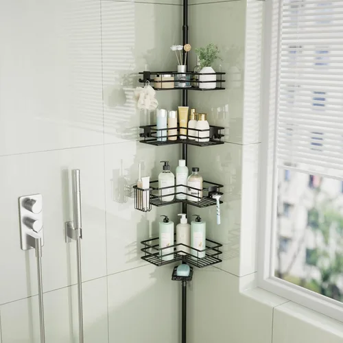 HapiRm Corner Shower Caddy Organizer - Shower Organizer Corner with Soap Holder, Toothbrush Holder and 4 Hooks, Rustproof Bathroom Shelf Tension