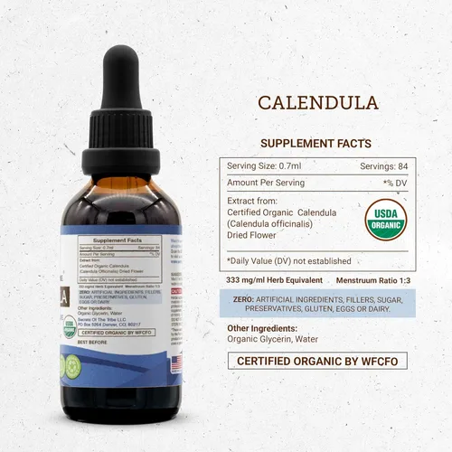Vista 4 de Secrets of the Tribe Calendula USDA Organic Extracto sin alcohol, gotas de hierbas de alta potencia Hecho de flor seca de caléndula Officinalis