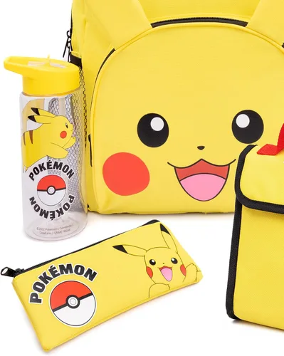 Vista 2 de Pokemon Pikachu - Juego de mochila (4 piezas, estuche para lápices, set de almuerzo, botella de agua, color amarillo)