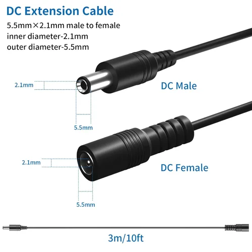 Vista 3 de Paquete de 1 cable de extensión de alimentación de 12 V CC de 9.8 ft10 pies, cable de alimentación de 0.217 in x 0.083 in macho a hembra para cámara