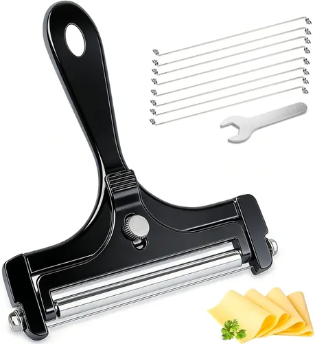 Cortador de queso, cortador de queso de alambre de acero inoxidable, cortador de queso de grosor ajustable con 8 cables adicionales para quesos Negro