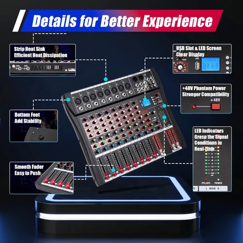 Vista 16 de Mini mezcladores de DJ de 5 canales, mezclador de audio en vivo, tablero de sonido con USB, interfaz de audio con 48 V Phantom Power Sonidos