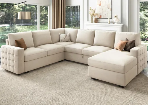Vista 6 de HONBAY Sofá seccional con cama extraíble, sofá cama seccional con almacenamiento, sofás en forma de U para sala de estar, terciopelo beige