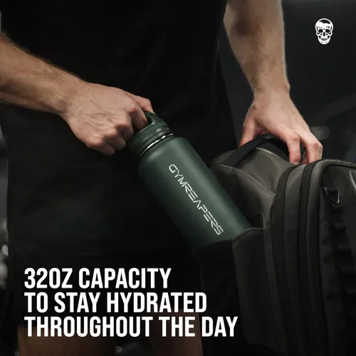 Vista 6 de Gymreapers Botella de agua aislada - Acero inoxidable 32 oz, 3 tapas (pajita, trago, cantimplora), aislamiento al vacío de doble pared, taza térmica