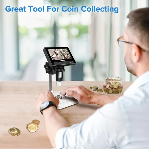 Vista 2 de Microscopio digital LCD de 4.3 pulgadas para suministros de colección de monedas, lupa de monedas 10X-1000X con 8 luces LED ajustables para niños