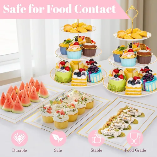 Vista 5 de Supernal Soportes para cupcakes de 3 niveles, 6 bandejas de plástico, 4 unidades de soporte para postres para cupcakes, juego de bandejas de fiesta