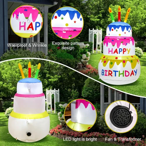 Vista 7 de Pastel de cumpleaños inflable de 4 pies con velas, luces LED integradas, adecuado para decoración de interiores, exteriores, patio, césped
