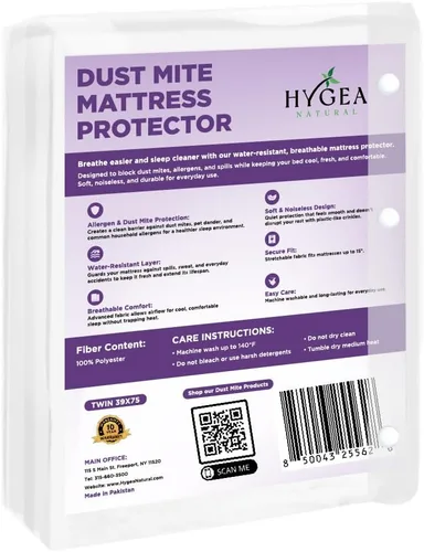 Vista 6 de Hygea - Protector de colchón contra ácaros del polvo y alérgenos, tamaño individual, funda de colchón con cremallera, hipoalergénico, impermeable