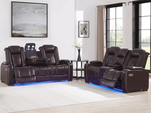 Vista 13 de THSUPER Sofá reclinable de cuero marrón para sala de estar, juegos de muebles con almacenamiento de brazos y reposacabezas eléctrico, juego de sofá