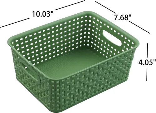 Vista 3 de Sadstory - Cesta de almacenamiento tejida de plástico verde oscuro, cesta de plástico para estantes, 6 paquetes