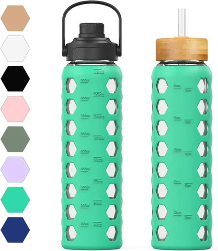 Vista 24 de MUKOKO Botellas de agua de vidrio, vaso de vidrio de 24 onzas con popote, botellas para beber con 2 tapas con tapa de boquilla con asa y tapa