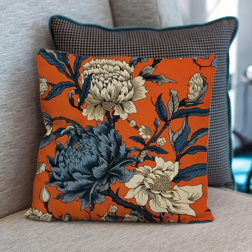 Vista 6 de Funda de cojín con diseño de flores de caqui chinoiserie, color naranja, azul marino, peonía, funda de almohada cuadrada rústica para sofá