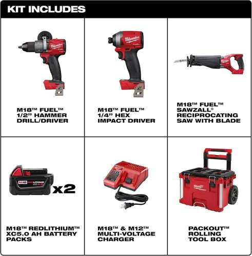 Vista 2 de Milwaukee 2997-23SPO M18 FUEL Kit combinado inalámbrico sin escobillas de iones de litio de 18 voltios (3 herramientas) con dos baterías de 5.0 Ah