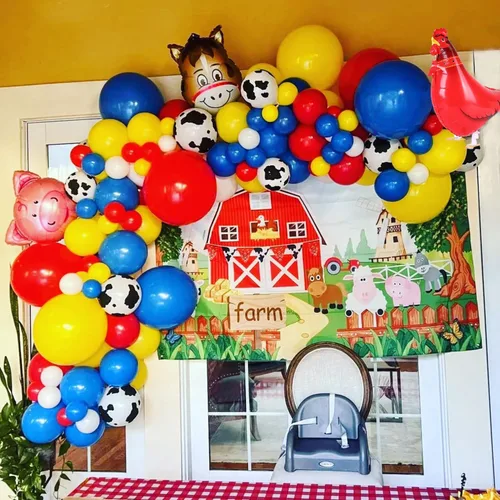 Vista 3 de Kit de guirnalda de arco de globos de vaca de 138 piezas, decoración de fiesta de animales de granja, globos con estampado de animales rojos