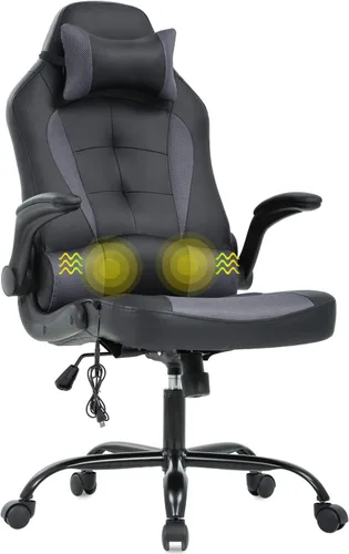 Vista 8 de Silla de escritorio ergonómica para videojuegos, de piel sintética, con reposacabezas y reposabrazos, Moderno, Blanco