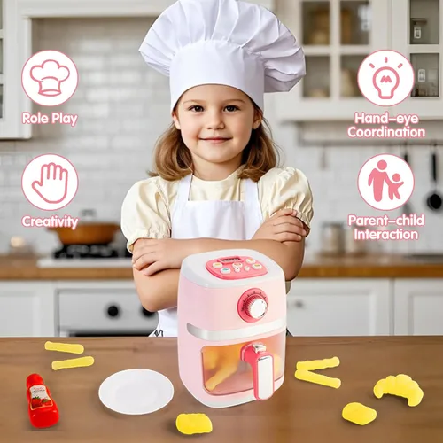 Vista 6 de Juego de accesorios de cocina, juego de electrodomésticos de cocina con freidora de aire de juguete para niños con sonido e iluminación, comida