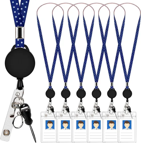 Paquete de 6 cordones retráctiles para insignias y soportes para tarjetas de identificación, cordón con cierre de metal giratorio para soportes de
