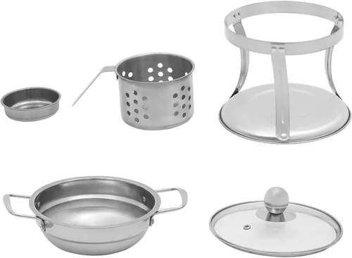 Vista 8 de Paquete de 4 platos redondos para bufé, mini olla caliente Shabu de acero inoxidable con tapa, mini caldera caliente de 7 pulgadas con soporte
