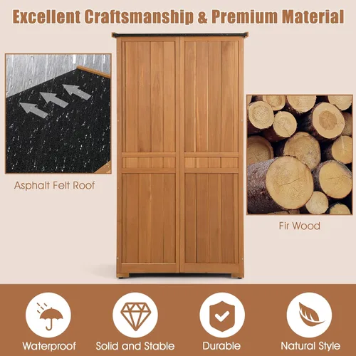 Vista 3 de Goplus Armario de almacenamiento al aire libre, cobertizo de herramientas de jardín de madera de 63 pulgadas con doble puerta bloqueable, 3 estantes