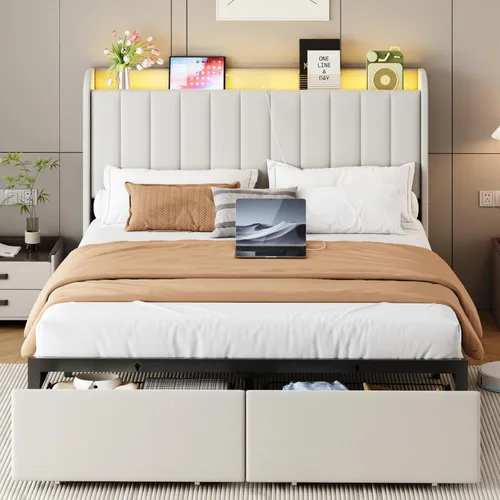 Vista 2 de Base de cama tamaño queen con cabecera de almacenamiento y 2 cajones, base de cama tapizada con luces LED y práctica estación de carga, no necesita