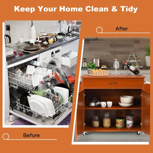 Vista 21 de PETSITE Carrito de isla de cocina con armario de almacenamiento sobre ruedas, estante de especias y cajón (blanco)