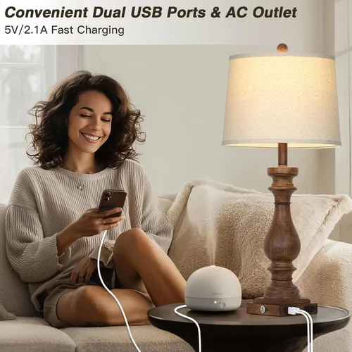 Vista 3 de Cinkeda 29" Tall Farmhouse Table Lamp for Living Room,Vintage Retro Nightstand Lamps with USB C+A Ports & AC Outlet,3-Way Dimmable Touch Bedside