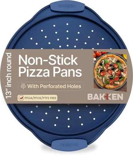 Vista 12 de Bandeja para pizza – 2 redondas con asas de silicona – Sartén de pizza de acero al carbono con agujeros y revestimiento antiadherente – Libre
