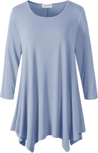 Vista 27 de LARACE - Camisa de talla extragrande para mujer, camisa tipo túnica con manga 3/4, ajuste holgado, ropa básica para mujer 2-negro_cuadros