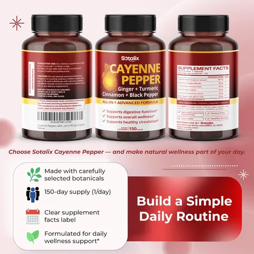 Vista 9 de Pimienta de Cayena, con jengibre, cúrcuma, canela, pimienta negra - Soporte para la digestión (suministro para 150 días)