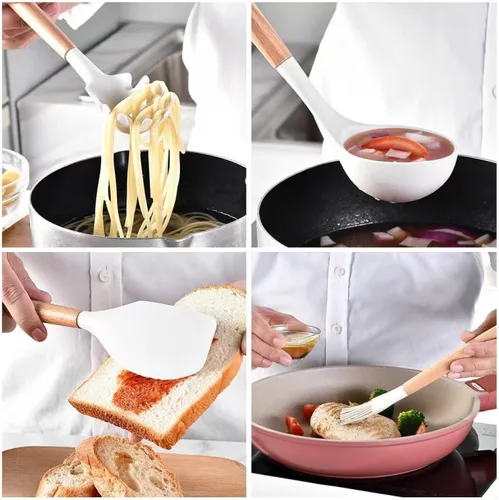 Vista 7 de Silicone Kitchen Utensils Set, 12 Pieces Kitchen Utensils Set, Anti-Stick Heat Resistant Wooden Handle Cooking Utensils with Dish Holder, Silicone