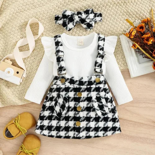 Vista 3 de KAGAYD Conjunto de ropa de otoño e invierno para bebé niña, mameluco acanalado de manga larga con estampado a cuadros, faldas con tirantes
