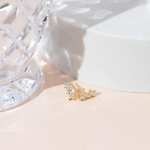 Vista 4 de PAVOI 14K Gold Plated 925 Sterling Silver CZ Simulated Diamond Earrings Dainty Geometric Shape Mini Bar Stud Earrings for Women