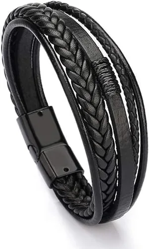 Vista 2 de AKOAK Paquete de 1 pulsera de cuero para hombre, pulsera de cuero casual de múltiples hebras, pulsera trenzada con cierre