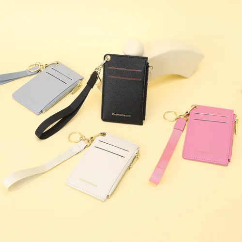 Vista 7 de Carteras pequeñas de cuero delgado para mujeres, tarjetero, cartera, monedero con llavero
