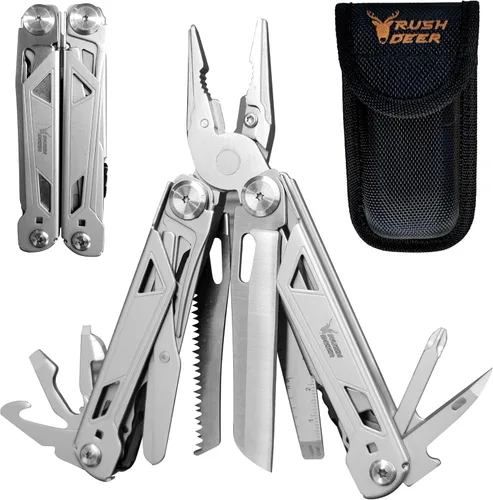 Vista 10 de RUSH DEER Multiherramienta 19 en 1 Herramientas Esenciales de Supervivencia y Alicates Multiusos - Regalo para Hombres - Kit de Herramientas
