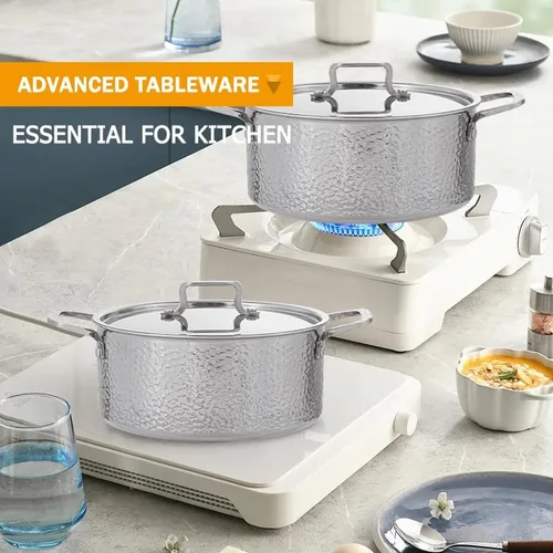 Vista 6 de Vivicreate Olla de acero inoxidable de tres capas, olla de cocina profunda con exterior martillado, compatible con todas las estufas, distribución