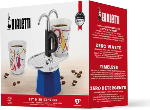 Vista 3 de Bialetti - Mini Express Kandinsky: El juego Moka incluye cafetera 2 tazas (2.8 Oz) + 2 vasos de chupito, azul claro, aluminio