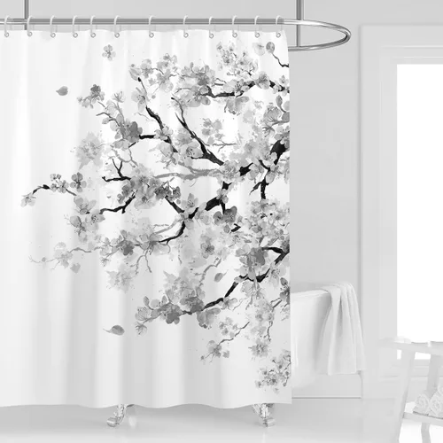 Cortina de ducha floral negra, japonés, 12 ganchos, 60 pulgadas de ancho x 72 pulgadas de largo Gris Blanco