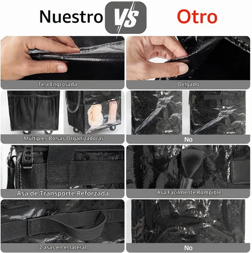Vista 4 de Bolsa de comestibles reutilizable sobre ruedas, carrito de compras con 8 bolsillos y cubierta con cremallera, bolsa plegable con ruedas, asas