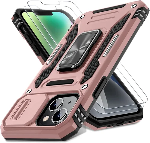 Vista 13 de DEERLAMN Funda para iPhone 13/iPhone 14 de 6.1 pulgadas con cubierta deslizante para cámara + protector de pantalla (2 paquetes), soporte de anillo