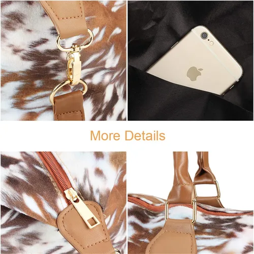 Vista 4 de Bolsa de fin de semana para mujer, bolsa de viaje grande con correa para el hombro, vaca y leopardo