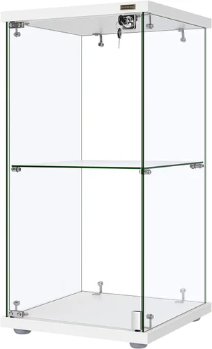 VIVOHOME Gabinete de exhibición de vidrio de 2 capas con cerradura, 15.7" x 15.7" x 31.9" (ancho x profundidad x altura), vidrio templado, base de