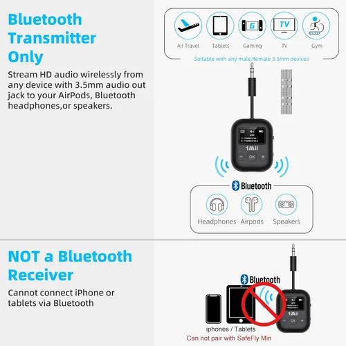 Vista 6 de 1Mii Airplane Bluetooth 5.3 Transmisor para todos los auriculares - Adaptador Bluetooth para TV - Conexión dual - aptX baja latencia - Flying